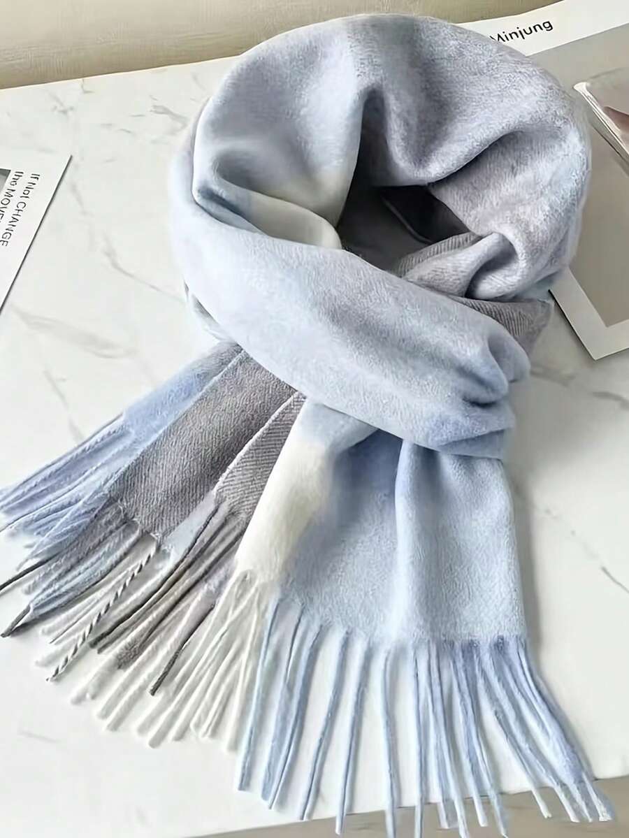 1pc 100% Wool Plaid Scarf For Women, High-Quality Shawl, Winter Neck Warmth, Birthday Gift, Suitable For Matching With Dresses - Blue - View 1