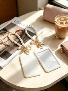 1 Macaron ABS Solid Color Push-Pull Card Holder With Pearl Chain And Pearl Shell Pendant. Student Wristband Card Holder, Student Wristband Women's Card Holder, ID Bus Protective Cover, Student Campus Card Protective Cover - A - View 2