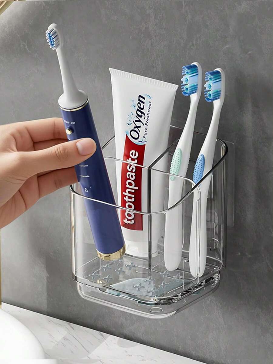 1pc Transparent Toothbrush Holder, Divided Wall-Mounted Storage Rack, Multi-Functional Bathroom Storage Accessory, Creative Drill-Free Bathroom Organizer, For Storing Toothbrush Tools, Combs And Razors, Home Bathroom Decor - Clear - View 1
