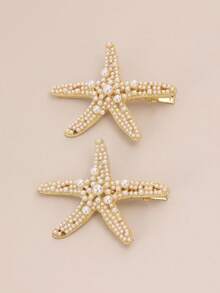 2PCS Faux Pearl Starfish Hair Clips, Women's Ocean Series Gold Metal Hair Clips, Bohemian Y2K Style Beach Hair Accessories, Elegant Starfish Hair Clip Set - Multicolor - View 1