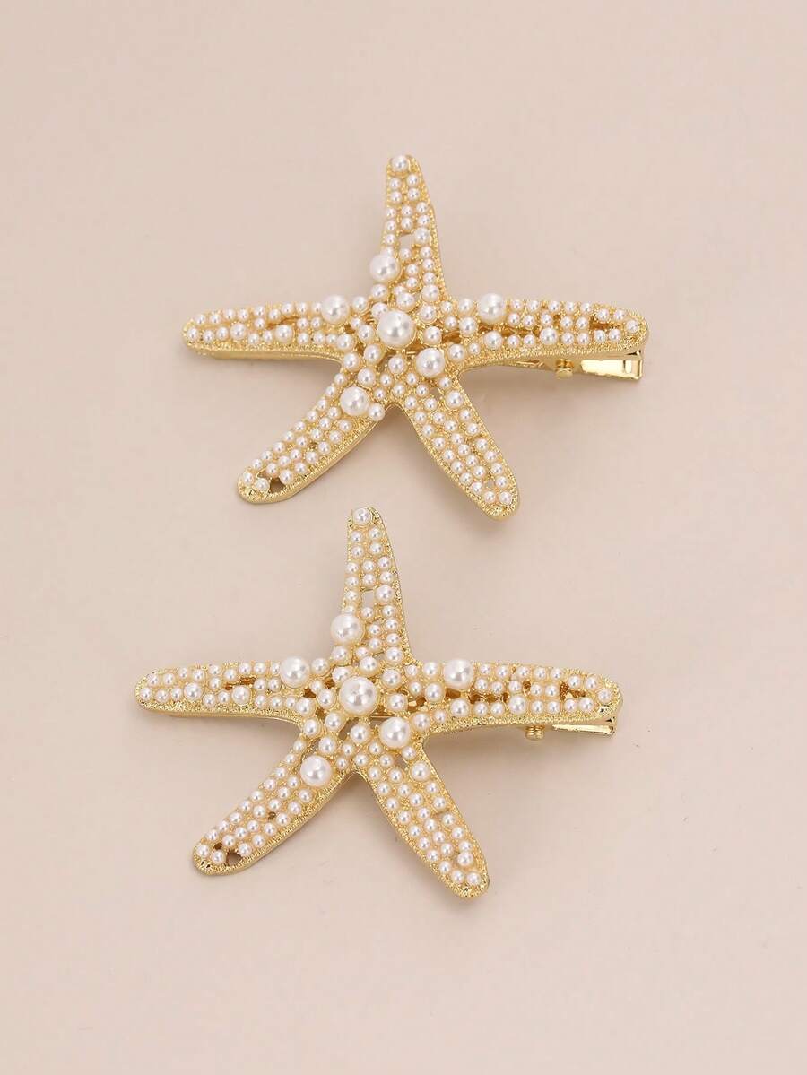 2PCS Faux Pearl Starfish Hair Clips, Women's Ocean Series Gold Metal Hair Clips, Bohemian Y2K Style Beach Hair Accessories, Elegant Starfish Hair Clip Set - Multicolor - View 1
