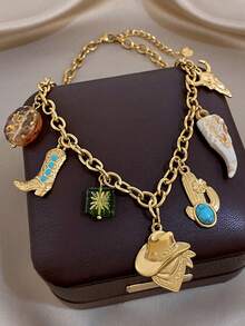 Western Cowboy Stainless Steel Necklace Bracelet For Men Women,Vintage Turquoise Boot Beads Charms Gold Jewelry Set,Party/Christmas/Vacation/Boho - Multicolor - View 7