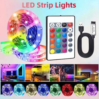1pc Color Changing LED Strip Light 1-30m, RGB Light Strip 5V Dimmable, With 24-Key Remote Control, Perfect For Indoor Decoration, Birthday, Party, Christmas, Thanksgiving - Multicolor, Cuttable