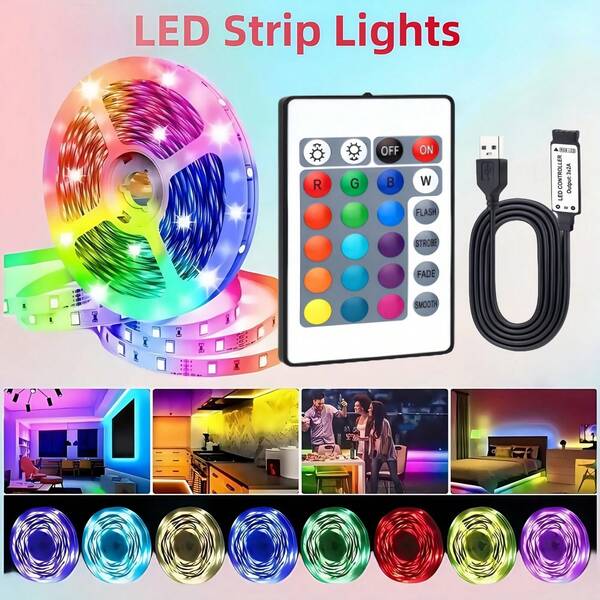 1pc Color Changing LED Strip Light 1-30m, RGB Light Strip 5V Dimmable, With 24-Key Remote Control, Perfect For Indoor Decoration, Birthday, Party, Christmas, Thanksgiving - Multicolor, Cuttable
