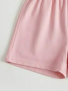 2pcs/Set Girls Toddler Summer Cartoon Pencil Bow Short Sleeve T-Shirt & Solid Color Shorts Casual Daily Outfit - Apricot - View 3