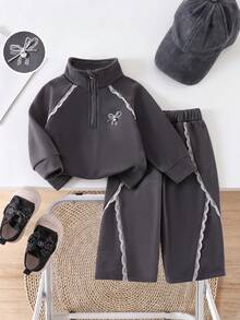 Girls 2-Piece Set, Dark Gray Half-Zip Stand Collar Sweatshirt With Exquisite Lace Trim + Matching Side Lace Flared Pants, Rhinestone Bow & Graphic Print With 3D Tie Bow Design, 2026 Fashion New Style, Korean Sweet Preppy European & American Kids Wear - Grey - View 1