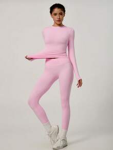 NcmRyu Women's One Set Solid Color Seamless Round Neck Short Sleeve Butt Lifting Tight Cropped Pants Sports Outfit - Pink - View 7