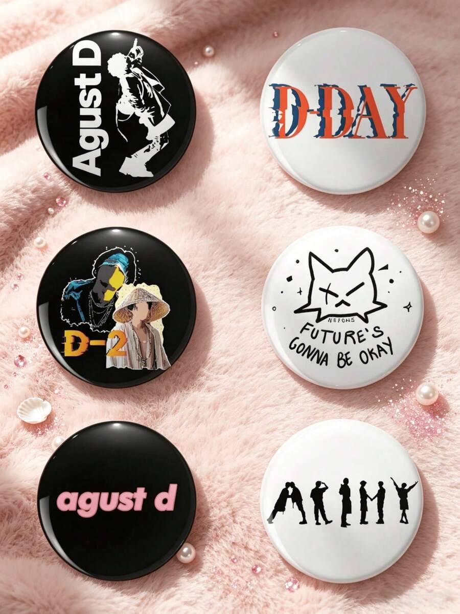 1/6pcs 4.4cm Gold Agust Days Safety Pin Badge, D-DAY Button Brooch, Clothing Bag Backpack Decoration Pin, Perfect Gift For ARMY Fans - Multicolor - View 1