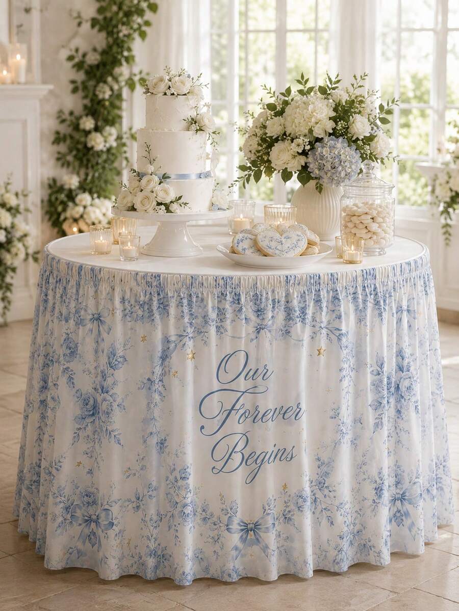 1件裝藍白花卉婚禮桌裙,優雅聚酯纖維圓形派對桌布,印有 Our Forever Begins 字樣、玫瑰、蝴蝶結、星星與植物圖案,適用甜點桌、蛋糕桌、新娘派對、婚禮接待與慶祝裝飾 - 彩色 - 查看 1