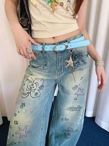 1pc Women's Blue PU Material Minimalist Oval Buckle Solid Color Casual Versatile Commuter Style Belt - Blue - View 3