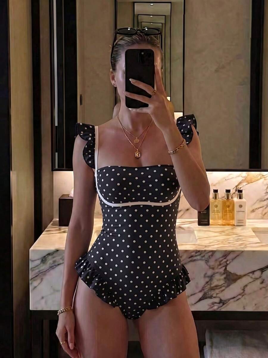 新款性感夏季黑白波點高彈力休閒海灘度假約會派對女款一件式細肩帶泳衣 - 彩色 - 查看 1