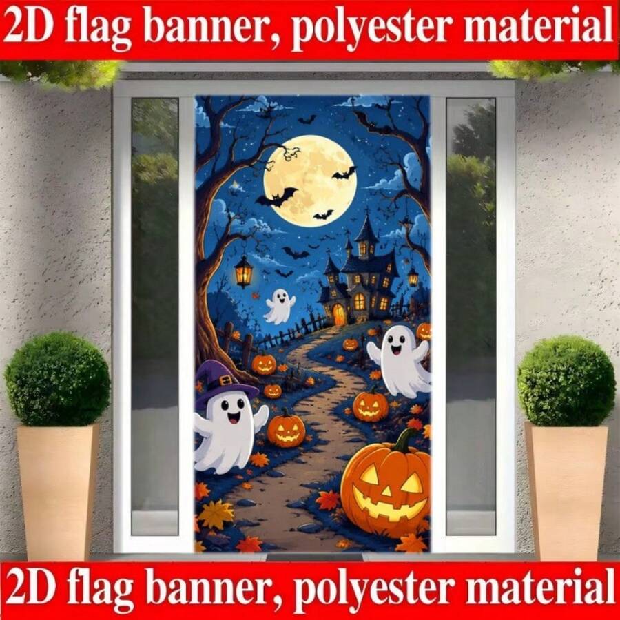 2D Plane 1 Piece Of Halloween-Themed Banner Background, Featuring Cute Ghosts, Pumpkin Lanterns, Dark Night Castle, Full Moon Bats, And Withered Trees And Fallen Leaves. Made Of Polyester Material.