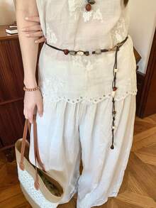 1pc Brown Polyester Vintage Beaded Woven Waist Rope For Women - Coffee - View 2