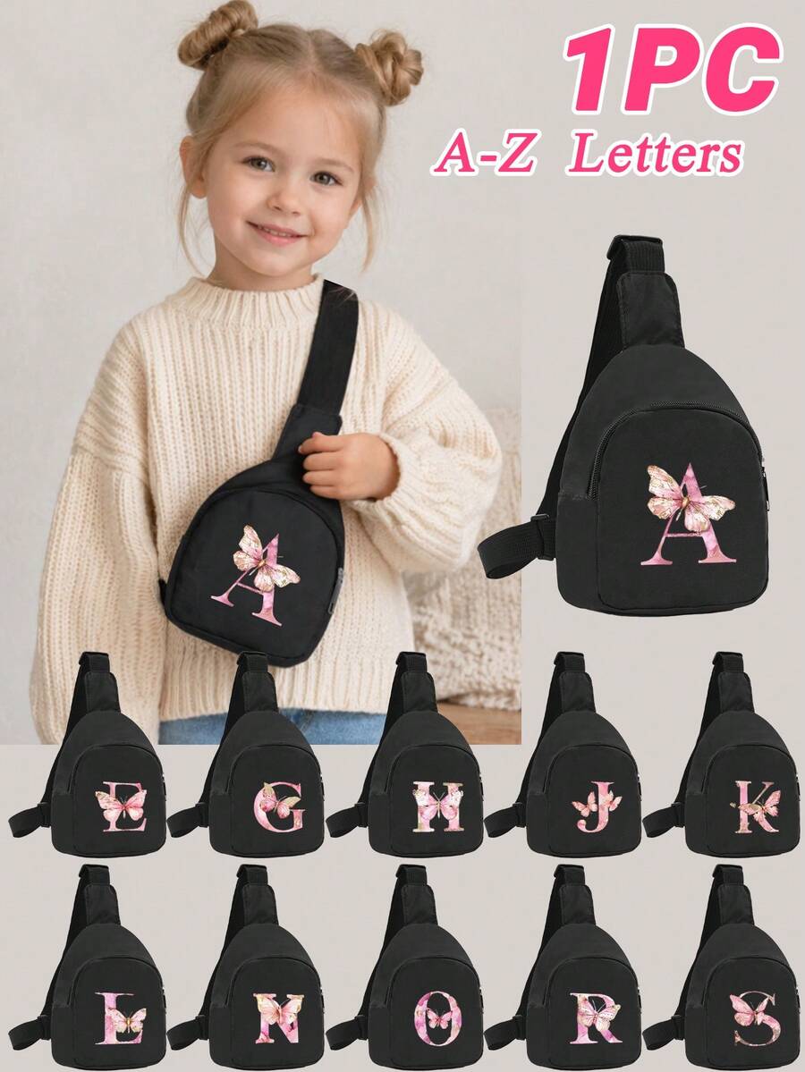 1PC Pink Butterfly A-Z Initial Toddler Comfortable Chest Bag, Suitable For Toddler Daily Outings Mini Small Bag, Outdoor Play Crossbody Waist Bag - Black - View 1
