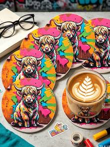 6/1pc Round Wooden Highland Cow Graffiti Print Coaster, Heat-Resistant Coffee Cup Insulation Pad, Colorful Street Art Animal Desktop Decor, Home Kitchen Supplies, Birthday Holiday Party Favor, Gift For Cow Lovers Boyfriend/Girlfriend - Multicolor - View 5