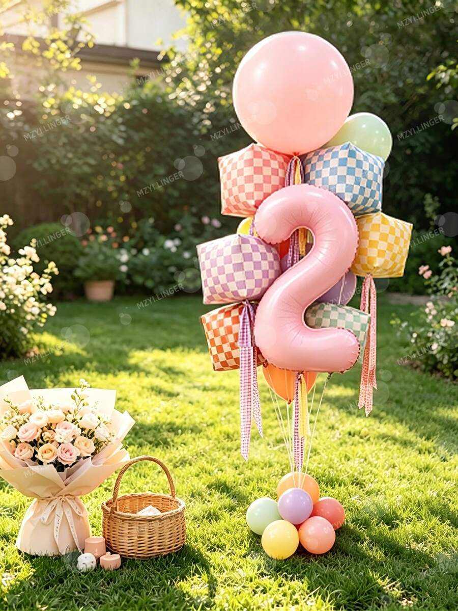26pcs Soft Color Checkerboard Theme Birthday Balloon Set - 40 Inch Pink Number & 22 Inch Checkerboard Square Foil Balloons - Suitable For Birthday Party Decorations, Baptism, Anniversary And Photography Studio Events. - View 1