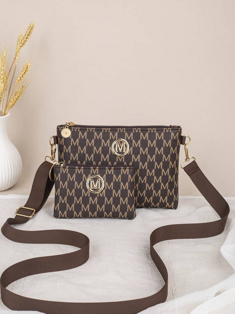 Ensemble 2 pièces Sac bandoulière à imprimé rétro avec sangle large amovible Sac à épaule polyvalent pour femmes Ensemble sac mère-fille Porte-monnaie Sac léger et durable pour le shopping et les déplacements - Café - Voir 1