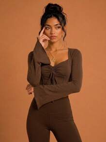 Never me Women's Square Neck Drawstring Waist Long Sleeve Sports T-Shirt, Flared Sleeve Cropped Yoga Fitness Base Layer Top - Brown - View 11