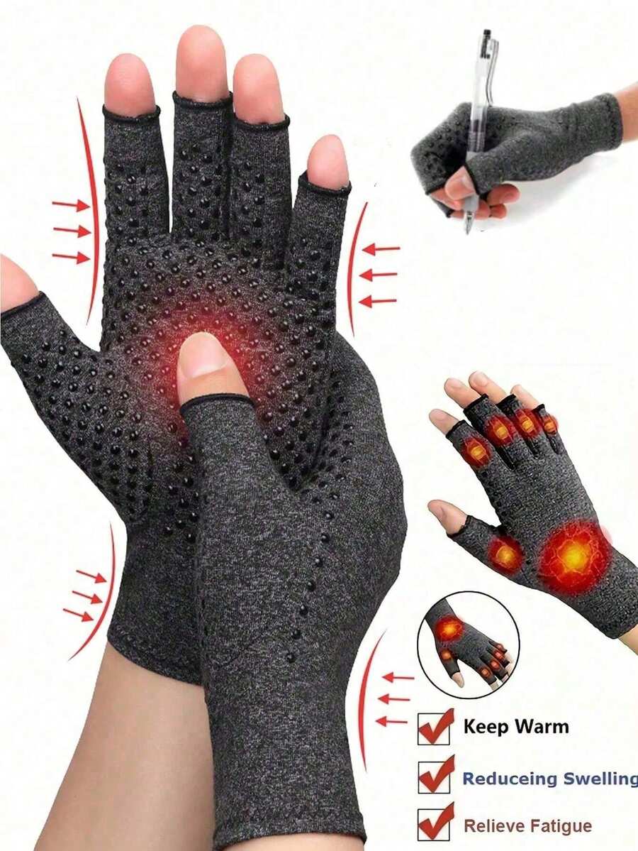 1 Pair Unisex Gray Fingerless Gloves, Warm Elastic Knit Gloves, Suitable For Arthritis Patients - Multicolor - View 1