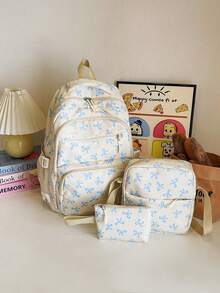 3-Piece Set Blue And White Nylon Casual Fresh Style Strawberry Bow Cherry Pattern All-Over Print Braided Pendant Zipper Pull Large Capacity Foldable Multi-Pocket Zipper Backpack Set Suitable For Women's Daily Matching, College Students' Class Training Bag, Students' School, Outing Shopping Travel Storage Bag - Blue and White - View 9