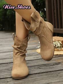 Women's New Fashion Versatile Slouch Boots Slip-On Closed Ankle Boots Riding Boots Thick Sole Black Boots Khaki Boots - Khaki - View 5