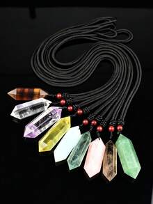 1pc Natural Double Terminated Crystal Column Pendant, Multicolor Fluorite Amethyst Labradorite Raw Stone Necklace With Braided Rope, Energy Crystal Jewelry For Men And Women - Double-pointed Pendant - View 12
