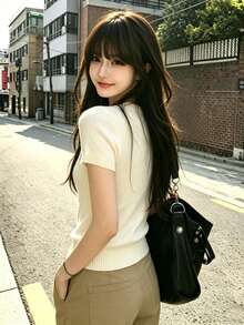 1件女款短袖針織圓領上衣，卡通熊印花，夏季寬鬆顯瘦襯衫 - 杏色 - 查看 4