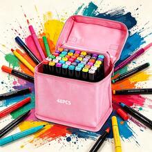 48-Color Dual-Tip Markers, Professional Fine And Chisel Tip Pens, Art Set With Portable Case For Drawing, Design, And Crafts - Pink - View 7