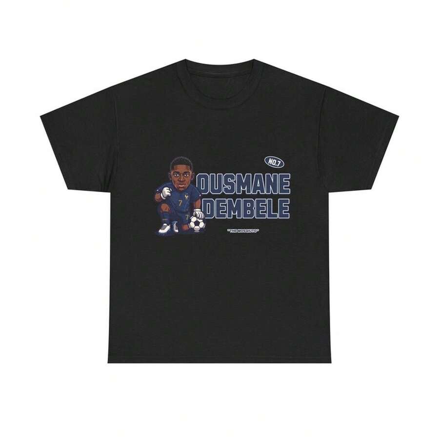 Ousmane Dembele Cartoon T-Shirt, France Soccer Player Graphic Tee, Oversized Streetwear - 黑色 - 查看 1
