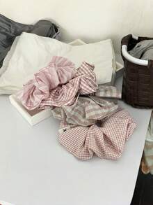 1PC/4pcs Plaid Casual Polyester (Polyester) Korean Style New Pink Tone Checkered Large Scrunchie Sweet Elegant Versatile Ponytail Hair Tie Back Of Head Large Size - Multicolor - View 3