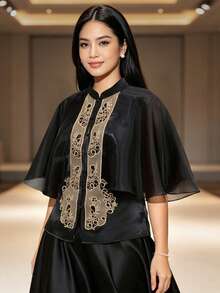 現代菲律賓風情女式襯衫上衣 1件 刺繡披肩式 Filipiniana Barong 風格上衣 - 黑色 - 查看 4