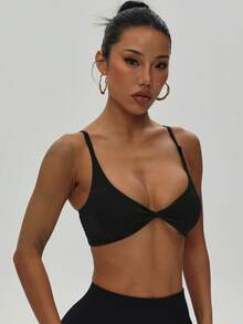 Women's Solid Color Removable Padded Twist Back Knit Sports Bra, Black - Black - View 5