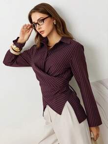 Women's Elegant Design Front Cross Tie Waist Long Sleeve Collared Striped Shirt, Striped Tie Front Button Asymmetrical Commute Office Daily - Burgundy - View 6