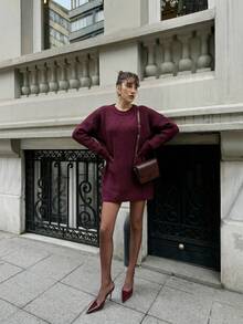 Daleeva Women's Solid Color Round Neck Drop Shoulder Long Sleeve Casual Sweater Fall - Burgundy - View 7