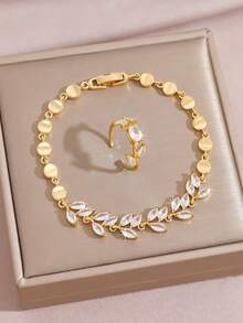2pcs/Set 18K Gold Plated Luxury Dreamy Pink Zirconia Wheat Ear & Leaf Bracelet And Ring, Suitable For Women, Summer Beach Mom Gift, Daily Party Birthday Valentine's Day Wedding Gift - Gold - View 3