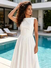 MODA MO, REF: H978 Women's Dress, Long Dress, Sleeveless, Round Neckline, High Waist, Backless, Dress With Zipper, Slim Model, A-Line Dress, Elegant, Modern, Light, Comfortable, Versatile, Refined Look, Casual Chic Dress, Dress For Events, Sophisticated Look, Summer Dress, Quality Finish, Feminine Style. - 白色 - 查看 5