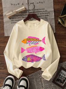 Tween Girl 1pc Colorful Fish Print Long Sleeve T-Shirt, Suitable For Girls' Autumn/Winter Top, Young Student Children's Clothing, Suitable For Outerwear And Layering - Apricot - View 5