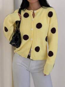 Women's Elegant Elegant Vacation Street Polka Dot Cardigan Sweater Yellow Fall - Yellow - View 9