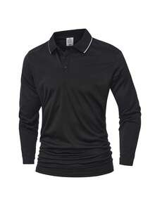 Men's Spring/Autumn Polo Shirt, Business Casual Fashion Gentleman Style, Long Sleeve With Turn-Down Collar - Black - View 2