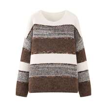 Fall New Arrival Women Color Block Striped Sequin Decor Crew Neck Knit Sweater, Long Sleeve Loose Casual Pullover - Brown - View 7