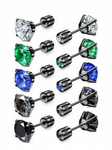 5prs/1pr Stainless Steel Cubic Zirconia Stud Earrings For Men, Inlaid Multi-Color Zirconia Black Earrings, Fashion Daily Jewelry - Multicolor - View 1
