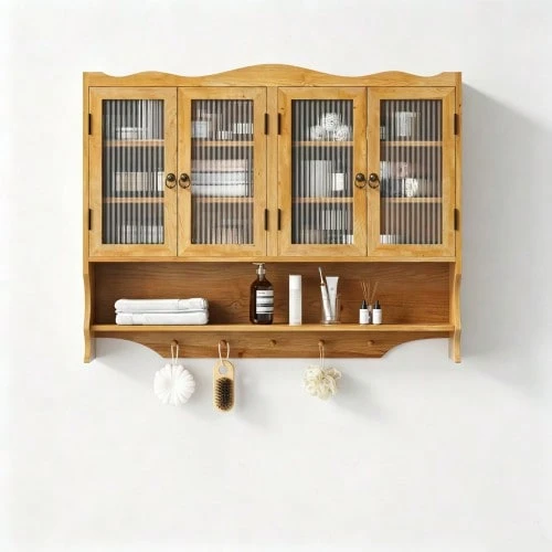 100 Cm Retro Wall Cabinet With 4 Doors, Two-Tier Storage And Open Hook Shelf, Suitable For Bathroom, Kitchen, Dining Room, Brown - 自然色 - 查看 1