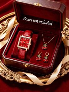 1/2/4-Piece Women's Quartz Watch Set With PU Leather Strap And Cherry-Themed Accessories, Delicate And Elegant, Perfect For Daily Casual Wear And An E - Mouldless - View 8