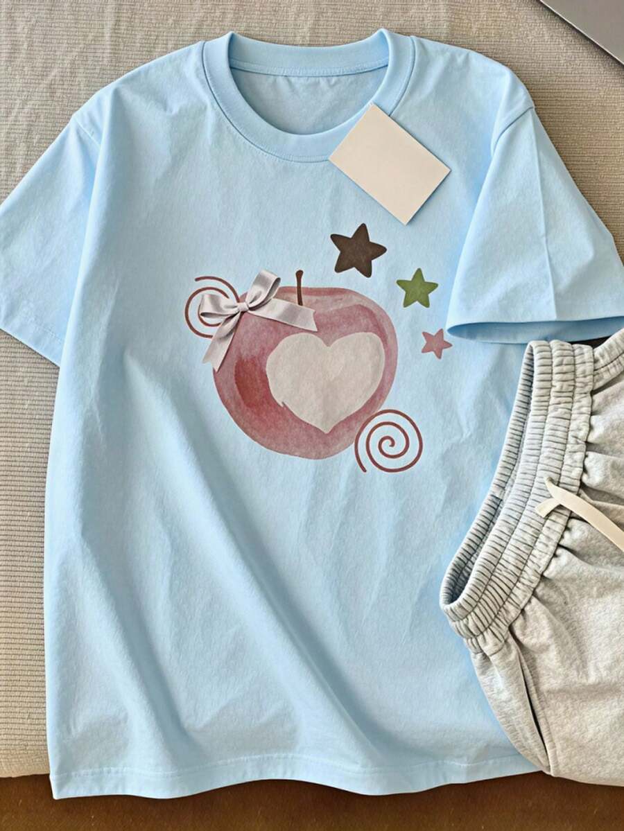 Little Apple Print Short Sleeve T Shirt, Casual Short Sleeve, Perfect Choice For Summer Comfortable Women's Fashion Breathable - 薄荷藍 - 查看 1