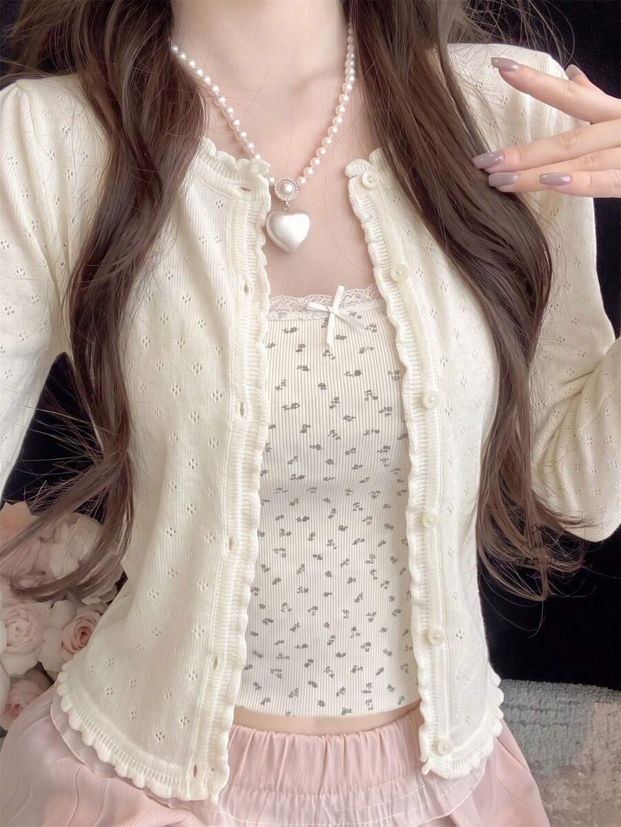 秋冬新款韓式甜美休閒針織開襟外套女款,溫柔風鏤空荷葉邊開襟衫,修身長袖外套/單穿,日常通勤百搭 - 杏色 - 查看 1