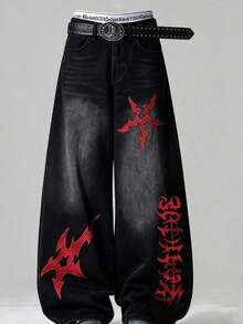 男士時尚街頭風刺繡寬腿牛仔褲，寬鬆舒適，四季百搭（不含腰帶或配件） - 黑色 - 查看 3