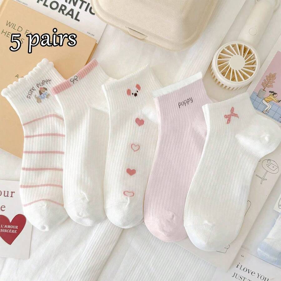 5 Pairs Children's Spring/Summer Thin Breathable Ankle Socks, Pink And White Cute Striped Girls' Short Socks - Multicolor - View 1