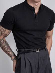 Men's Summer Fashion Henley Collar Short Sleeve T-Shirt, Suitable For Formal Occasions And Daily Social Activities - Black - View 3
