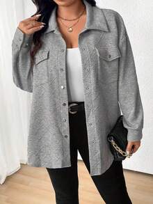 Women's Grey Knit Long Sleeve Shacket With Collar And Button Front Pockets, Suitable For Autumn Wear - Grey - View 2