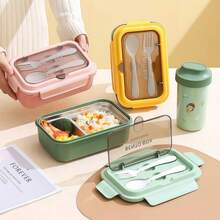 1pc Pink Bento Box, Compartment Food Storage Container, Lunch Box With Spoon And Fork, Microwave Food Storage Box, Leak-Proof Snack Box - Multicolor - View 3